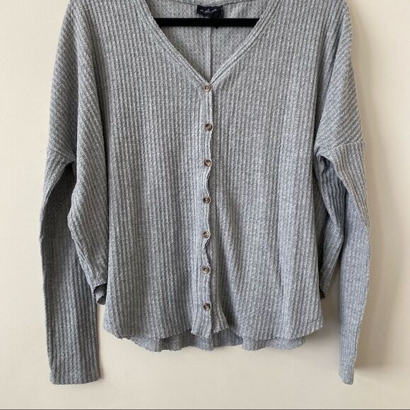 Uo-Out from Under Grey Waffle Button Down Long Sleeve Thermal (Xs) - Picture 3 of 9